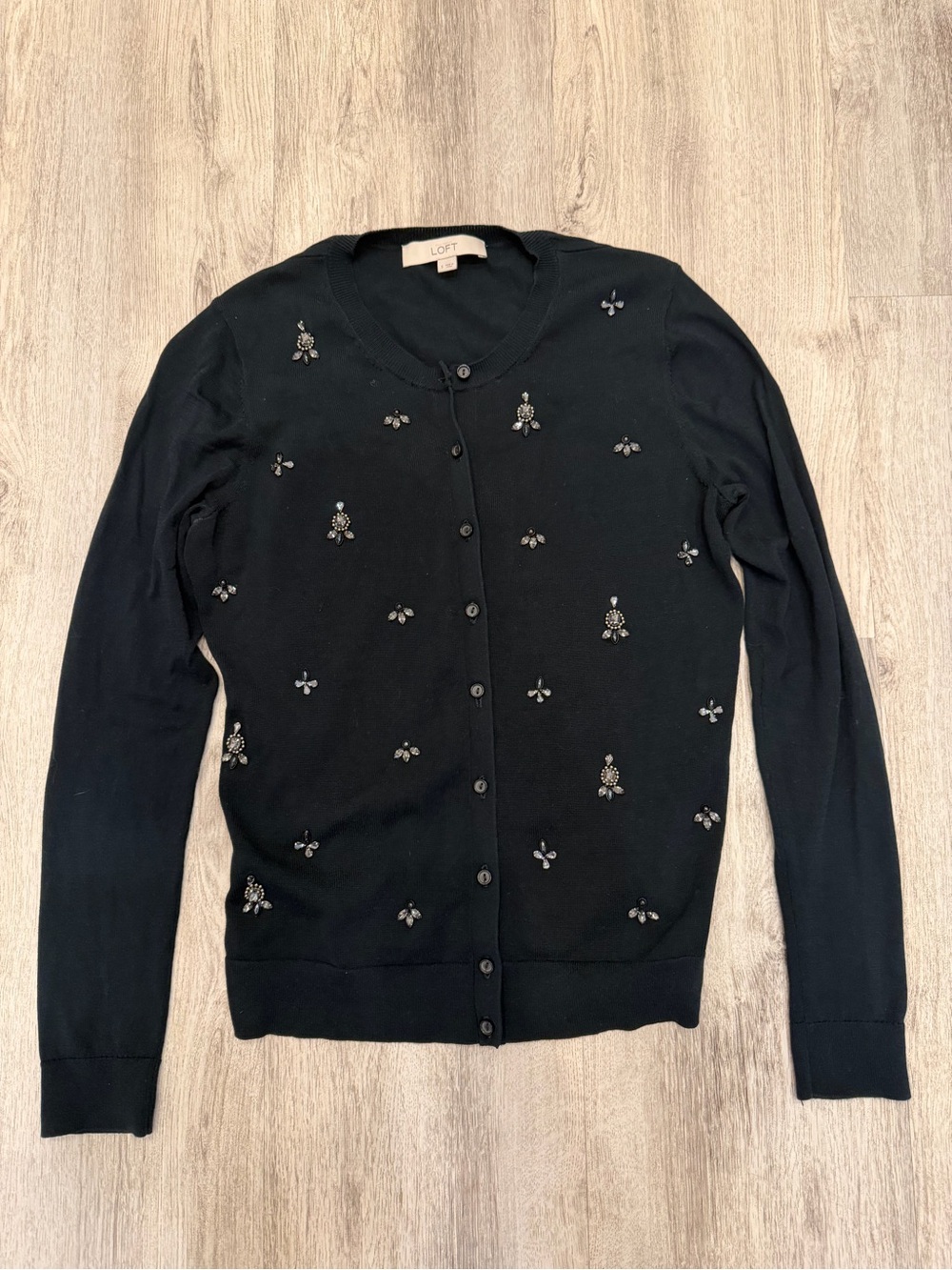 LOFT Black Rhinestone Embellished Cardigan Small 100% Cotton